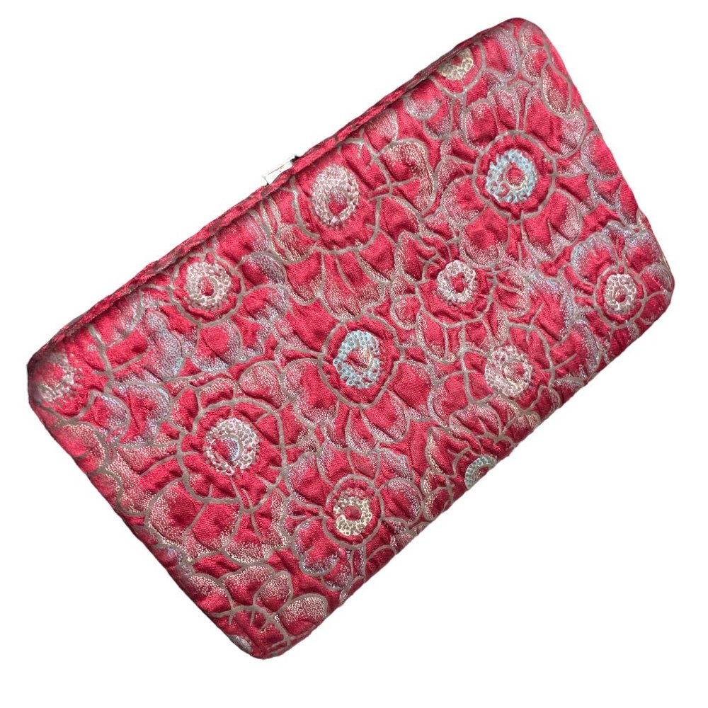 Floral Brocade Wallet Clutch Bag Jacquard Burgundy Red Vintage Card Slots Cash